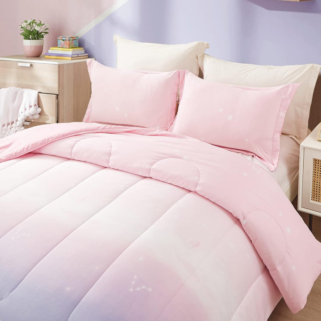 Girls Comforter Set, Ombre Pink Purple Rainbow 3-Piece Bedding Collection