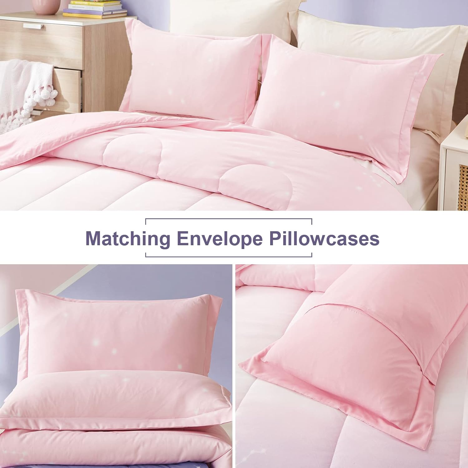 Girls Comforter Set, Ombre Pink Purple Rainbow 3-Piece Bedding Collection