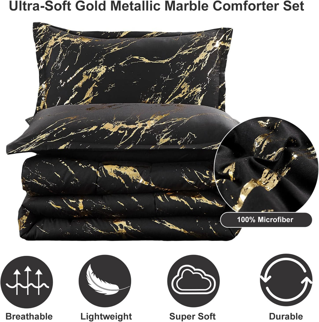 Black Gold Metallic Marble Comforter Set, Foil Print Glitter 3-Piece Bedding