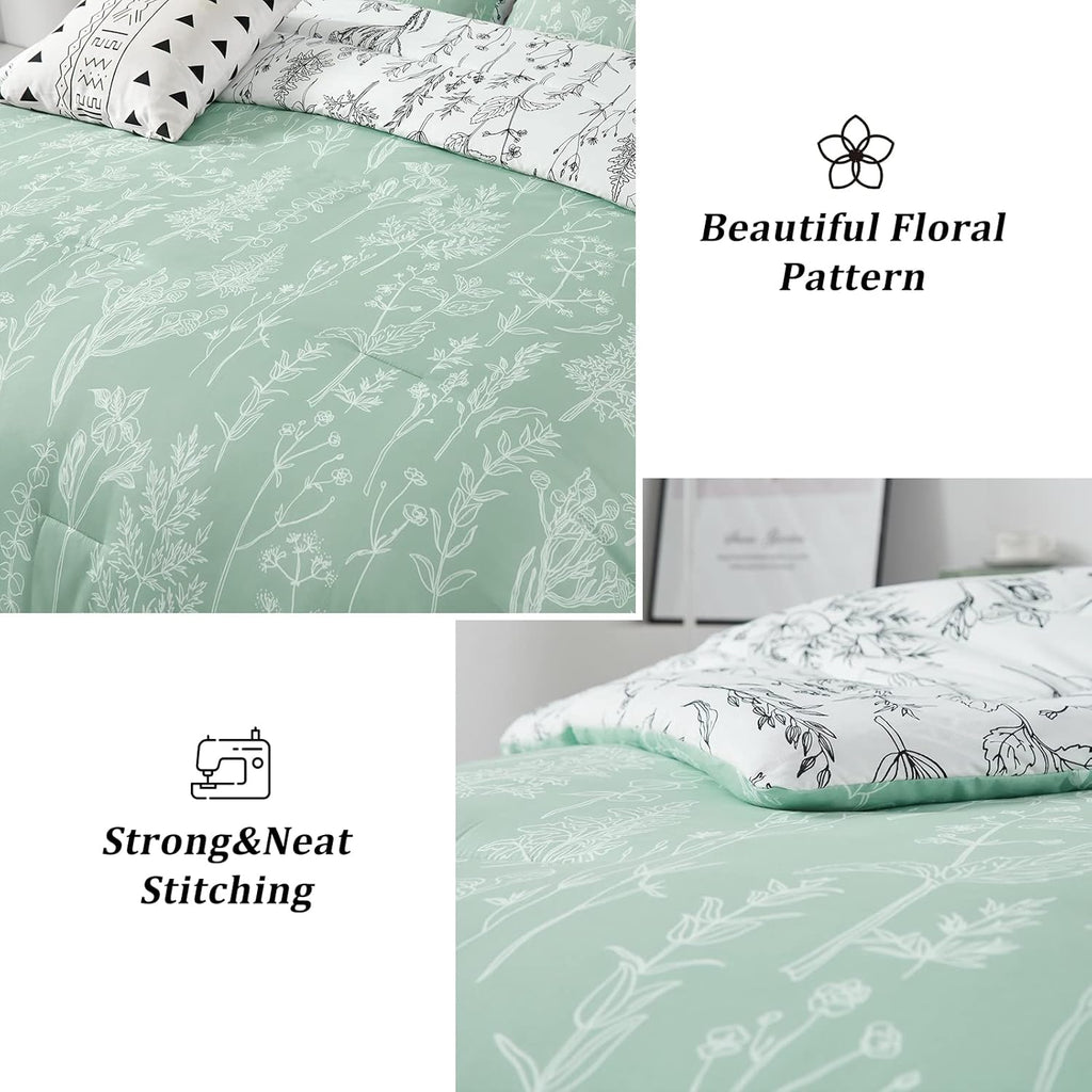 Floral Comforter Set, Green White Floral Pattern Reversible Bedding