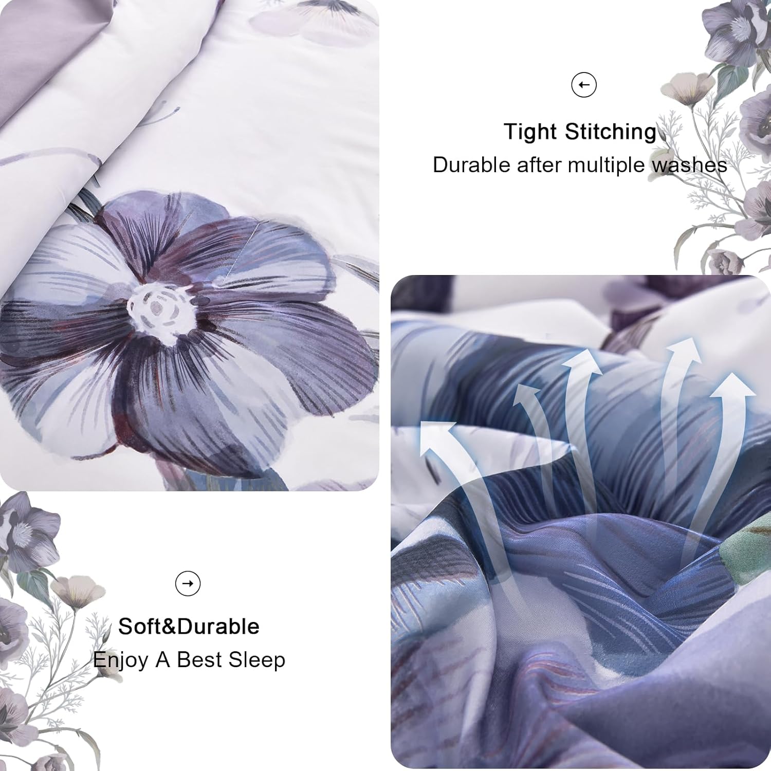 Floral Comforter Set, Purple Floral 3-Piece Bedding, Soft Microfiber for All Seasons