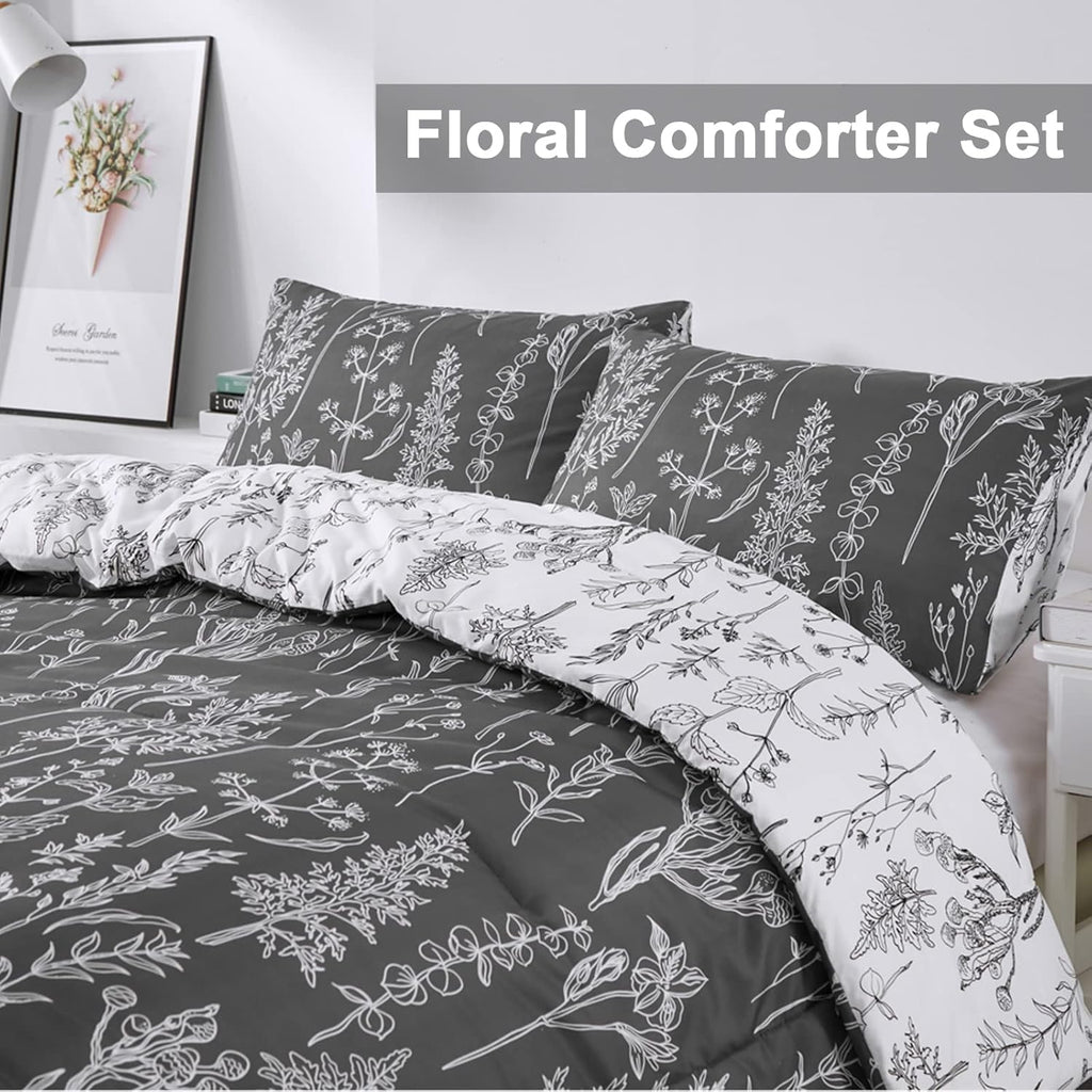 Floral Comforter Set, Black White Floral Pattern Reversible Bedding