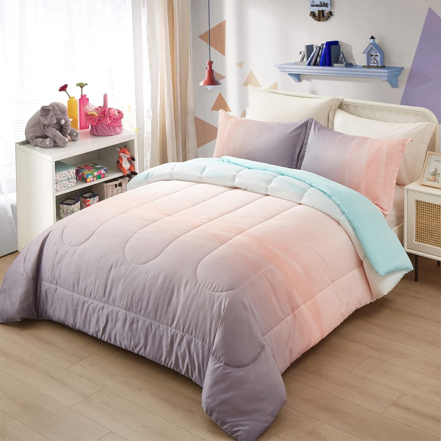 Girls Comforter Set, Ombre Blue Pink Rainbow 3-Piece Bedding Collection