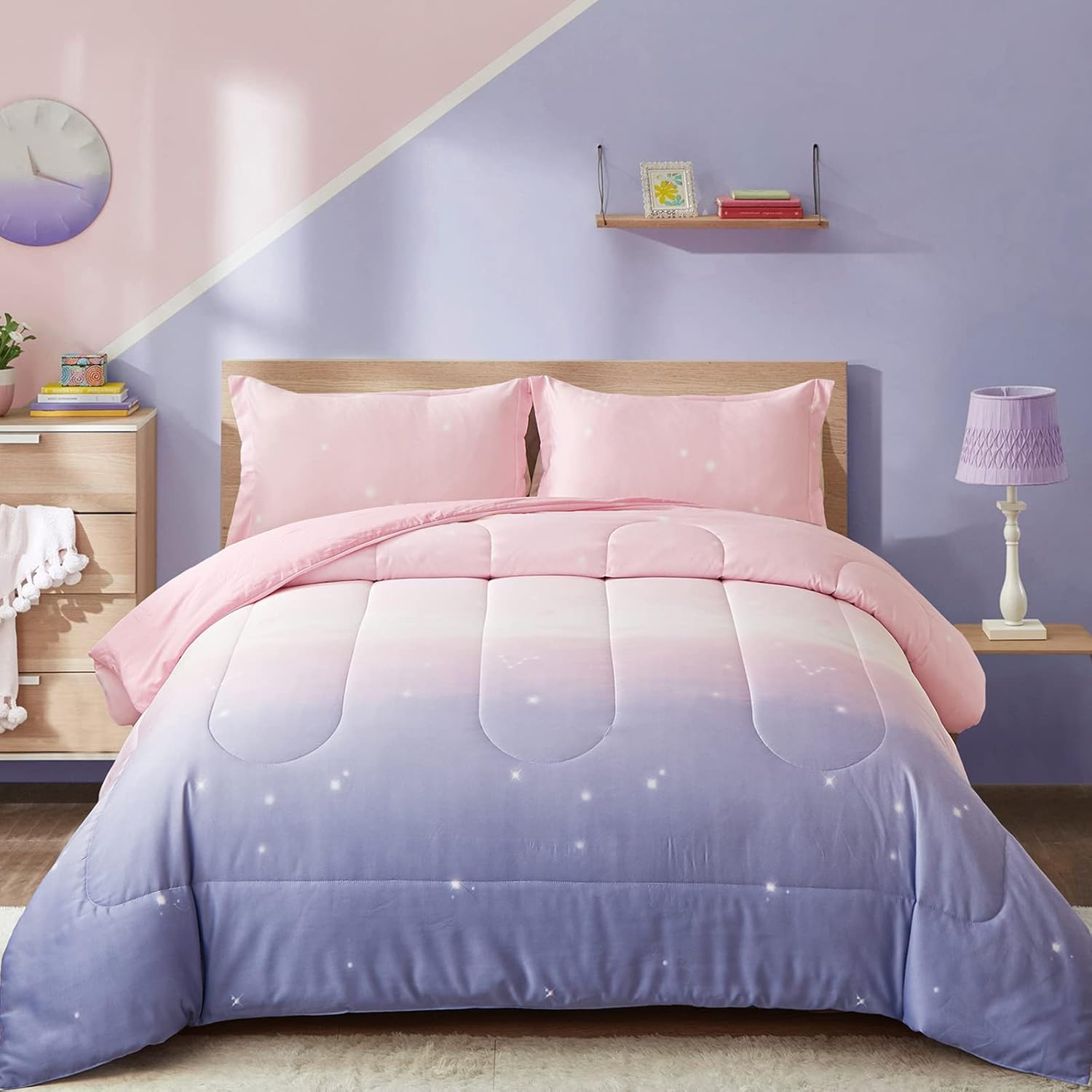 Girls Comforter Set, Ombre Pink Purple Rainbow 3-Piece Bedding Collection