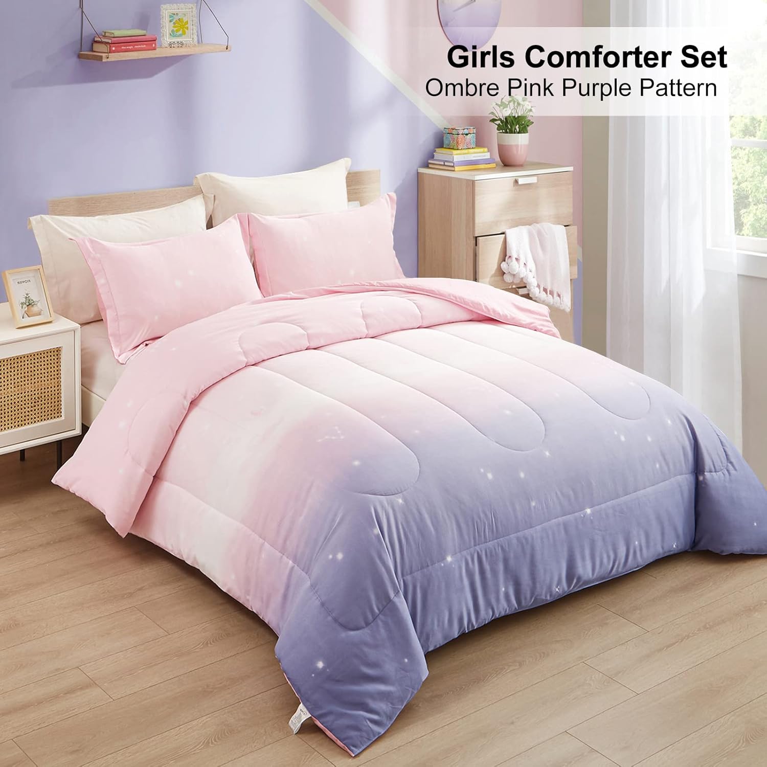 Girls Comforter Set, Ombre Pink Purple Rainbow 3-Piece Bedding Collection