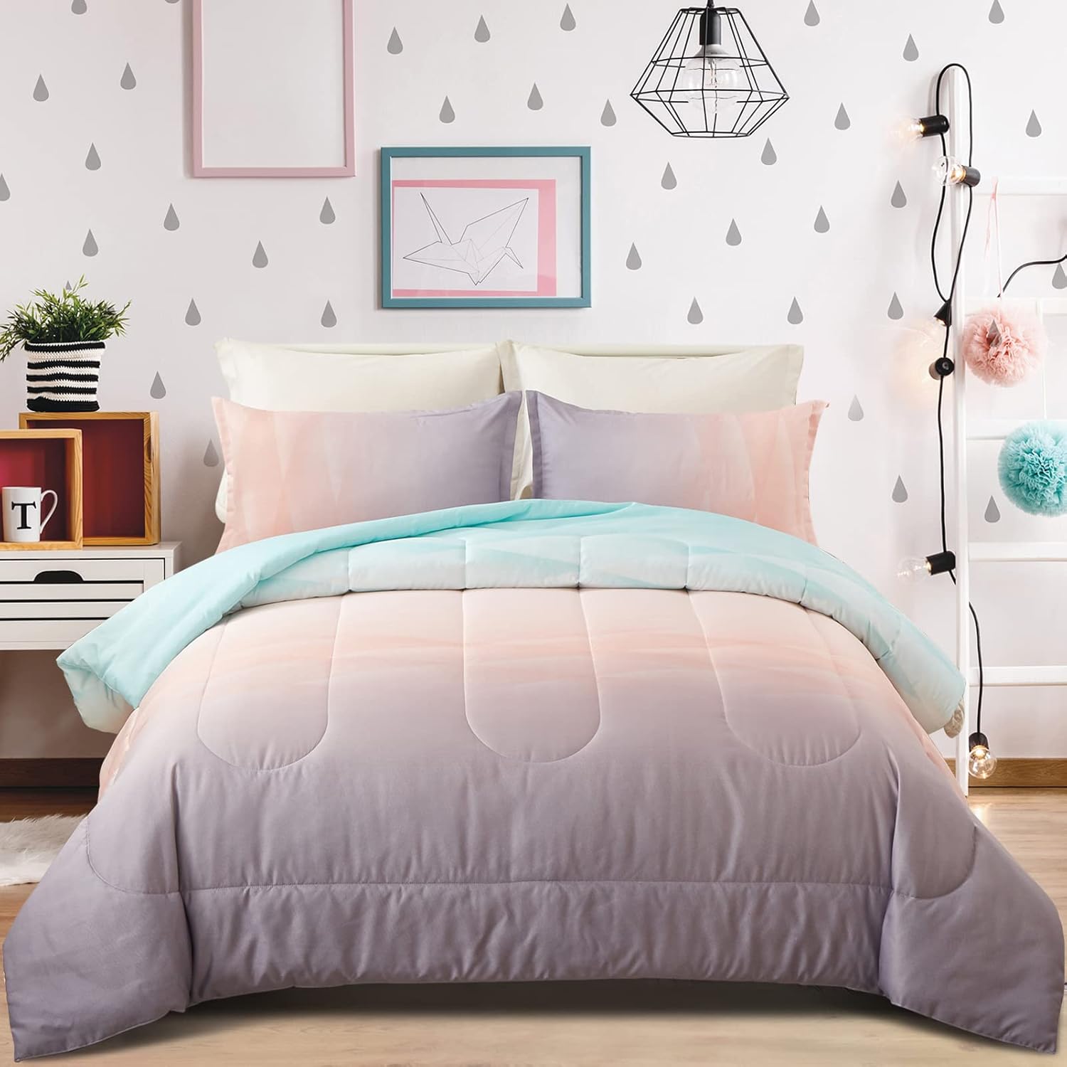 Girls Comforter Set, Ombre Blue Pink Rainbow 3-Piece Bedding Collection
