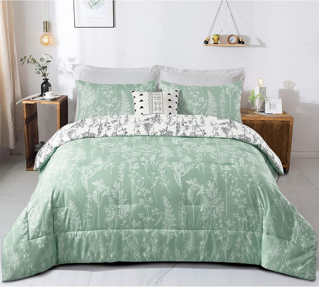 Floral Comforter Set, Green White Floral Pattern Reversible Bedding