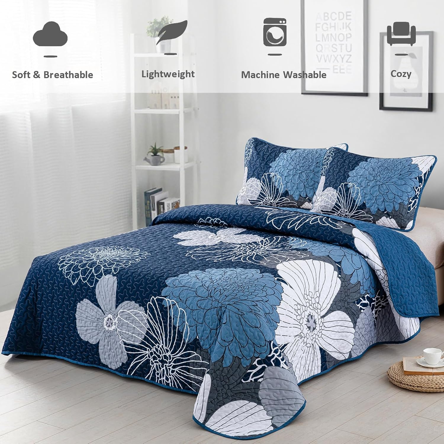 Frosted Magnolia Chic blue 3 Pc Comforter & Pillow Cover Set