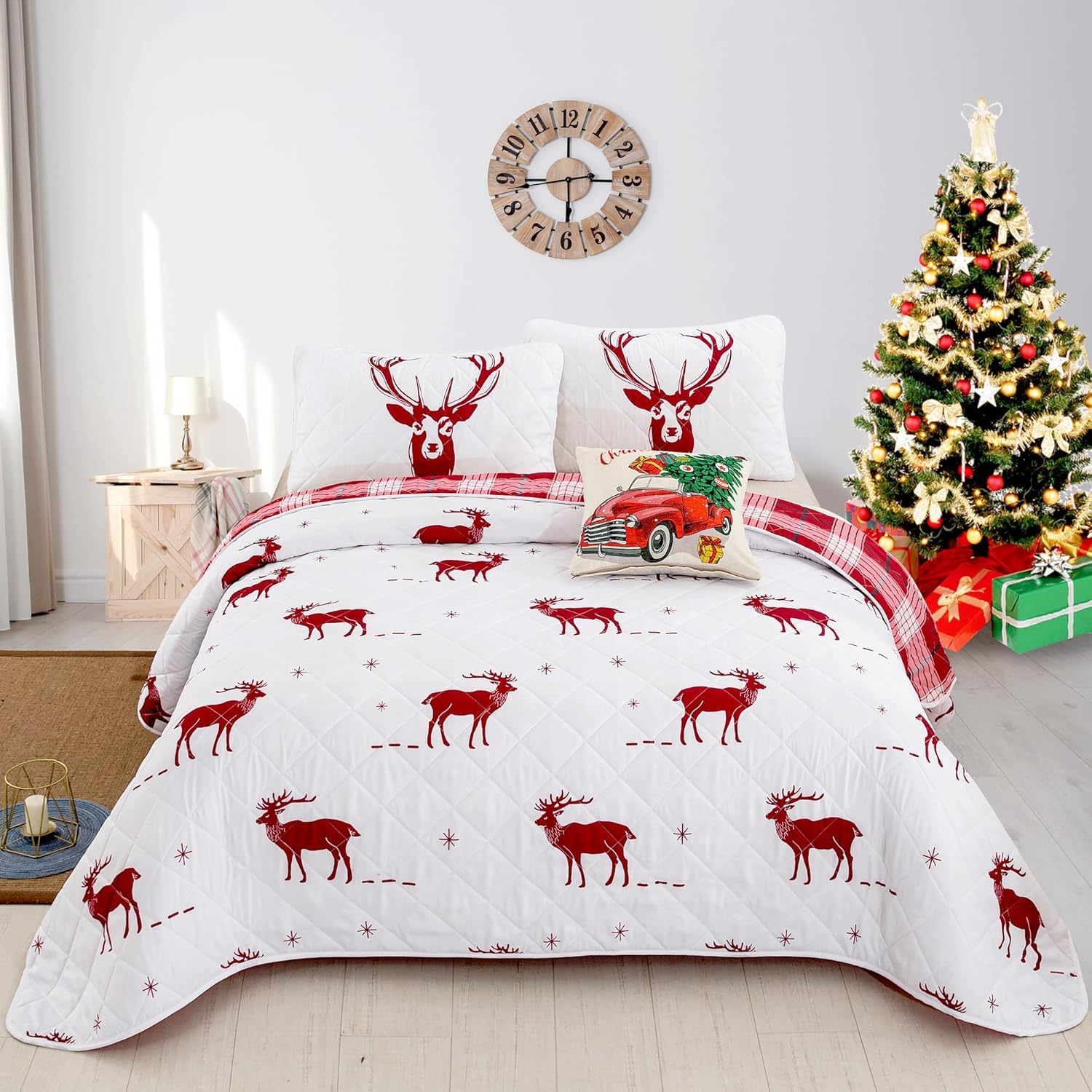 Joyful Red & white Reindeer pattern reversible Christmas Bedspread Set