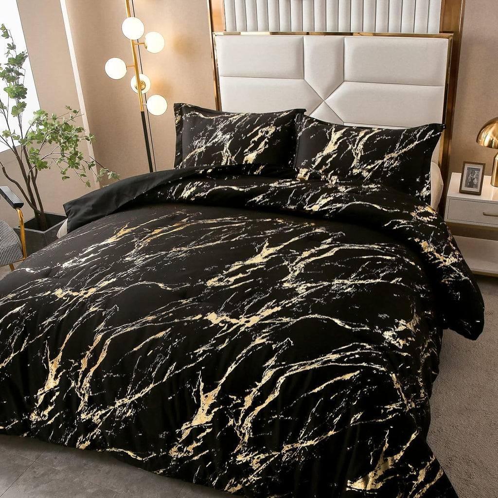 Black Gold Metallic Marble Comforter Set, Foil Print Glitter 3-Piece Bedding