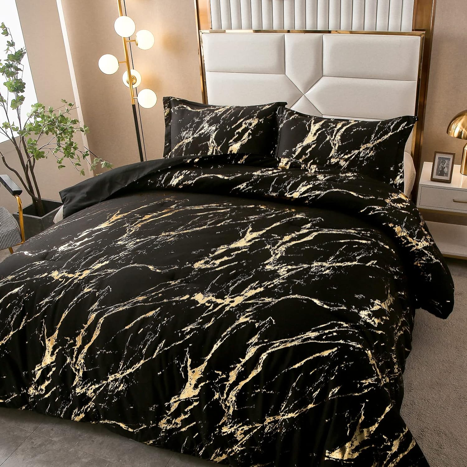Black Gold Metallic Marble Comforter Set, Foil Print Glitter 3-Piece Bedding