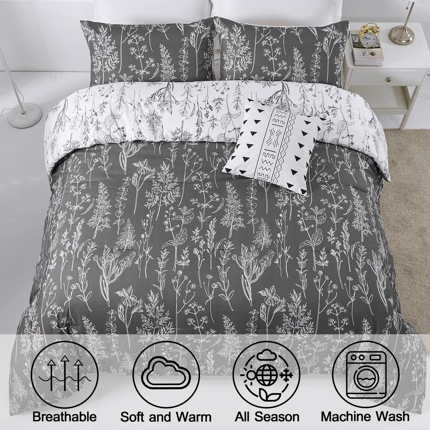 Floral Comforter Set, Black White Floral Pattern Reversible Bedding