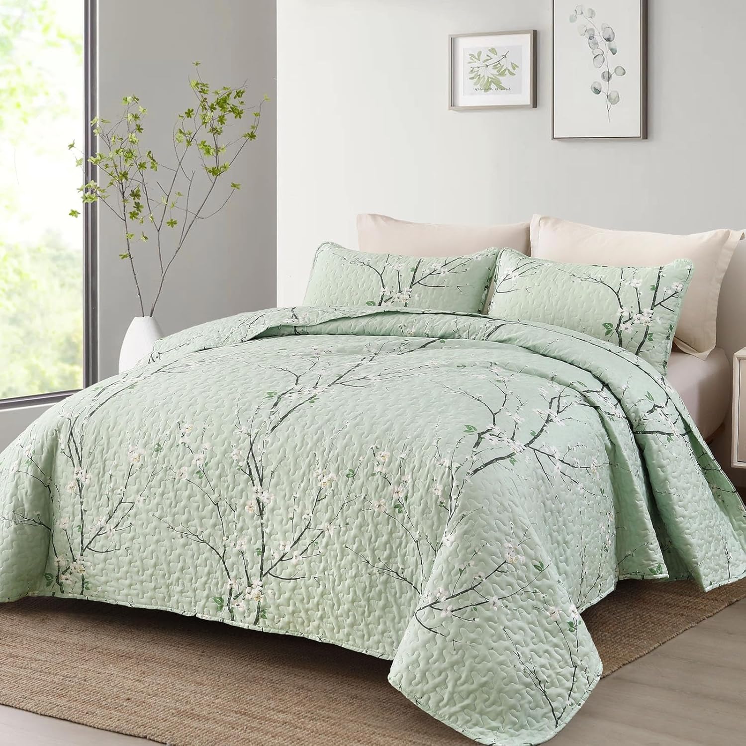Chic green Floral Quilted 3 Pc Bedspread & Pillow Cover Set