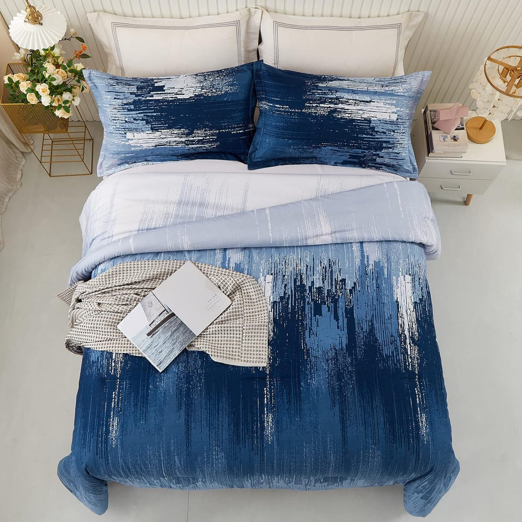 Ombre Blue Comforter Set, Gradient Blue Grey 3-Piece Boho Bedding
