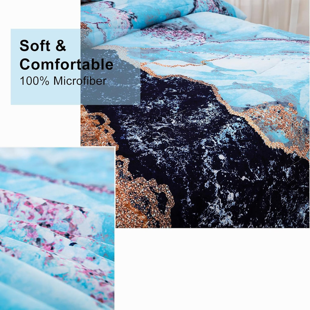 Blue Marble Comforter Set, Retro Watercolor 3-Piece Bedding Collection