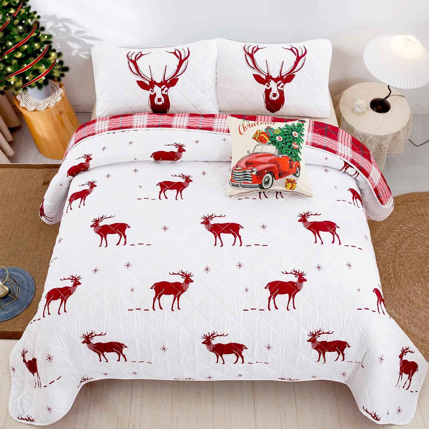 Joyful Red & white Reindeer pattern reversible Christmas Bedspread Set