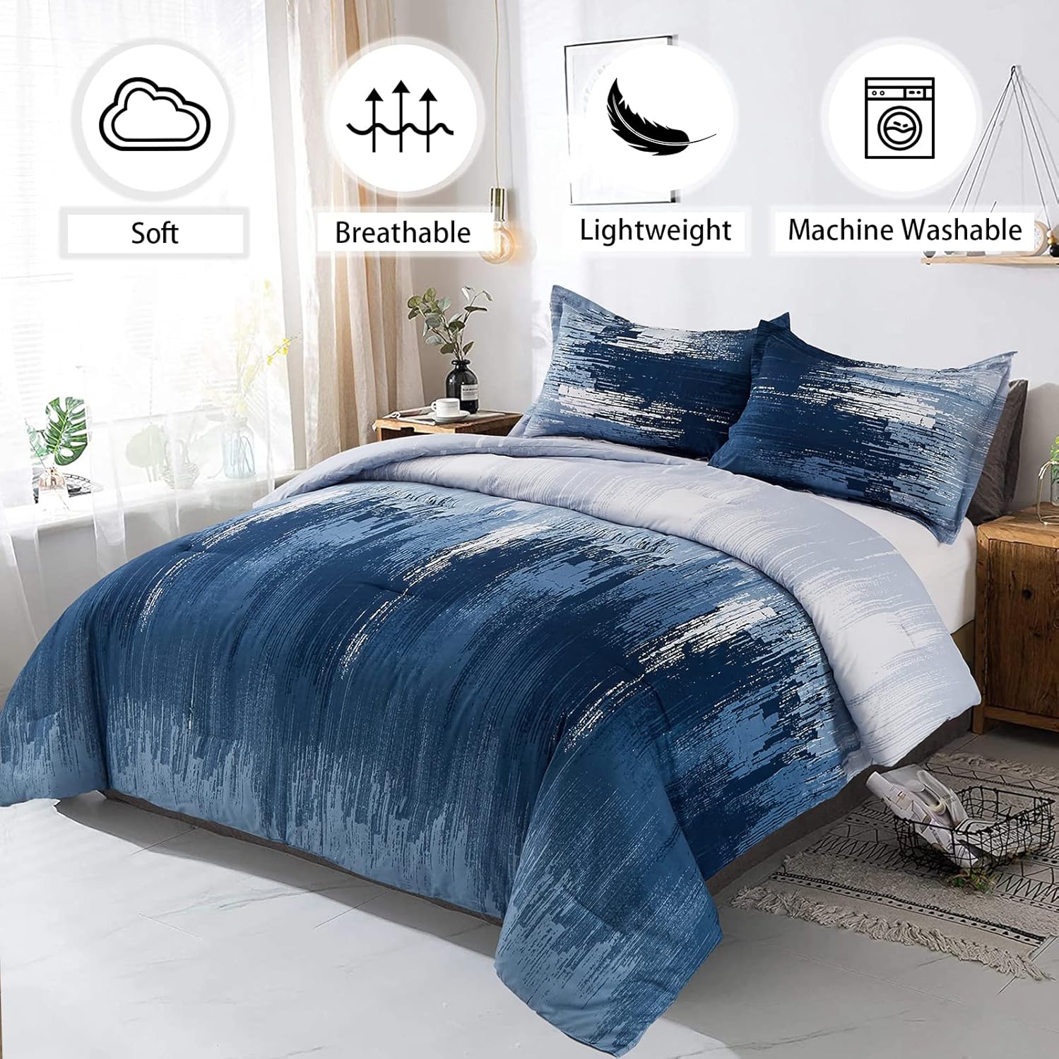 Ombre Blue Comforter Set, Gradient Blue Grey 3-Piece Boho Bedding