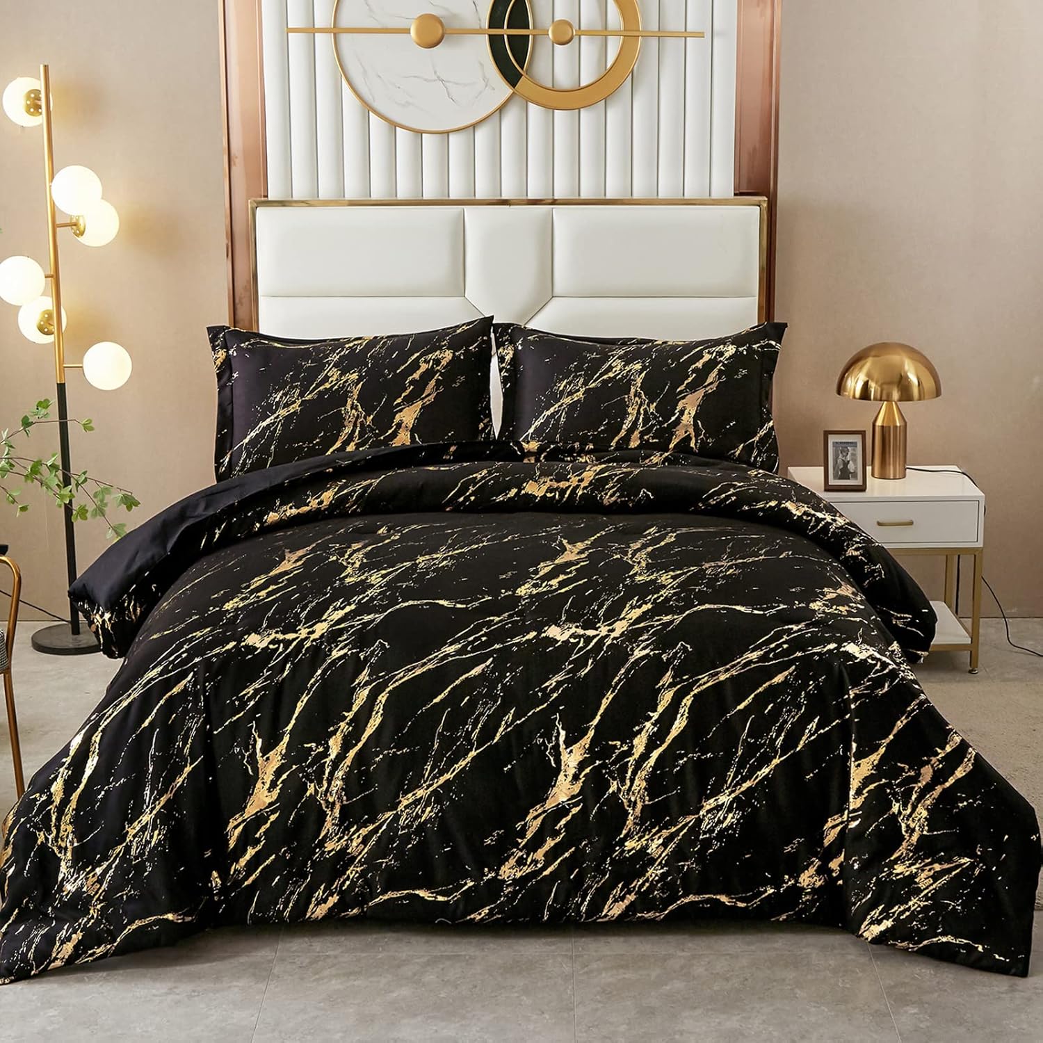 Black Gold Metallic Marble Comforter Set, Foil Print Glitter 3-Piece Bedding