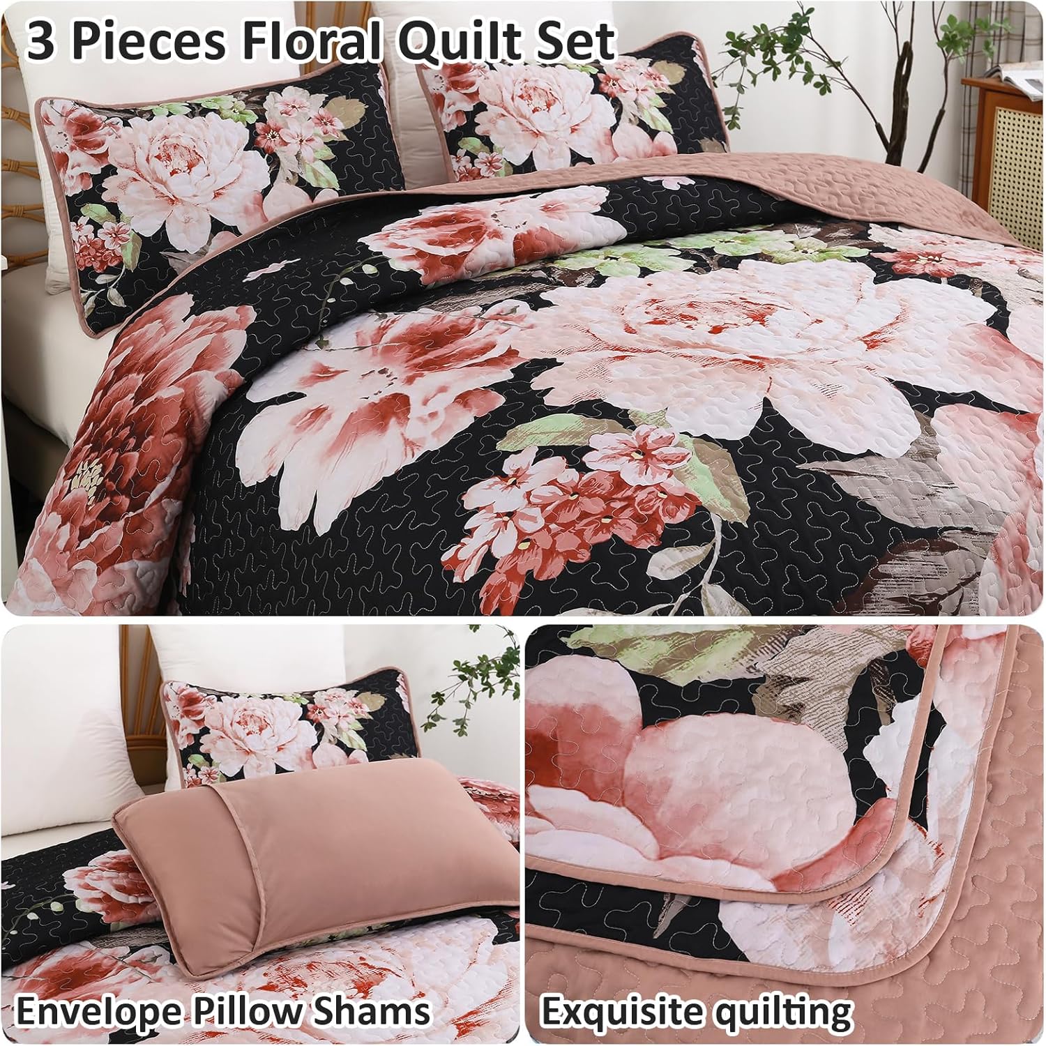Botanical Evergreen Floral Cozy 3 Pc Bedspread & Pillow Cover Set