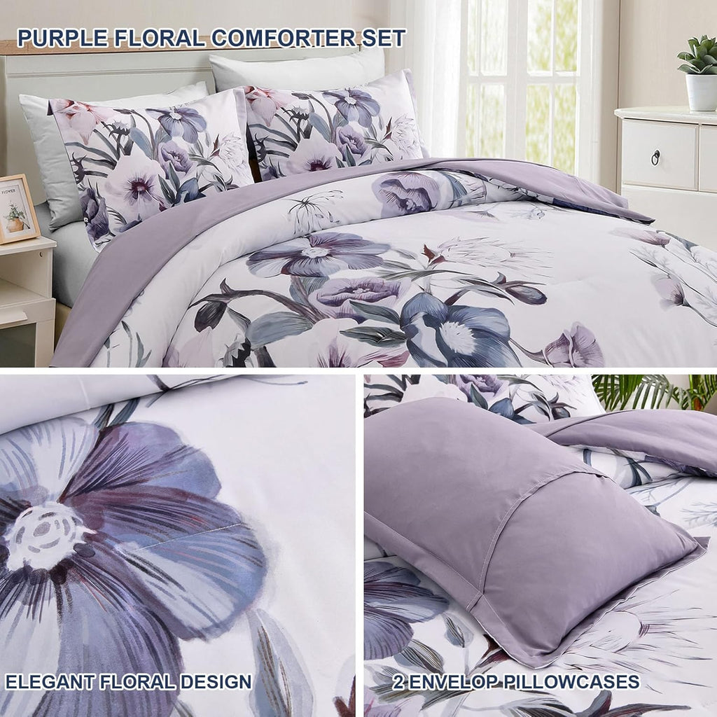 Floral Comforter Set, Purple Floral 3-Piece Bedding, Soft Microfiber for All Seasons