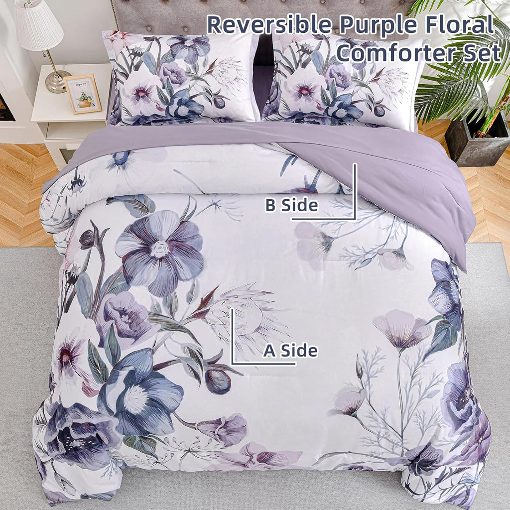 Floral Comforter Set, Purple Floral 3-Piece Bedding, Soft Microfiber for All Seasons
