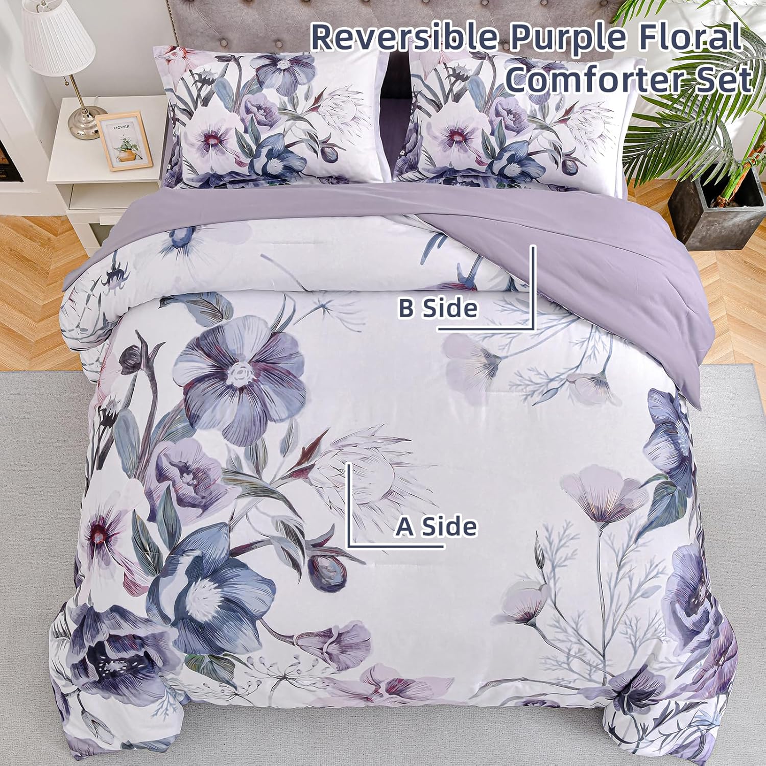 Floral Comforter Set, Purple Floral 3-Piece Bedding, Soft Microfiber for All Seasons