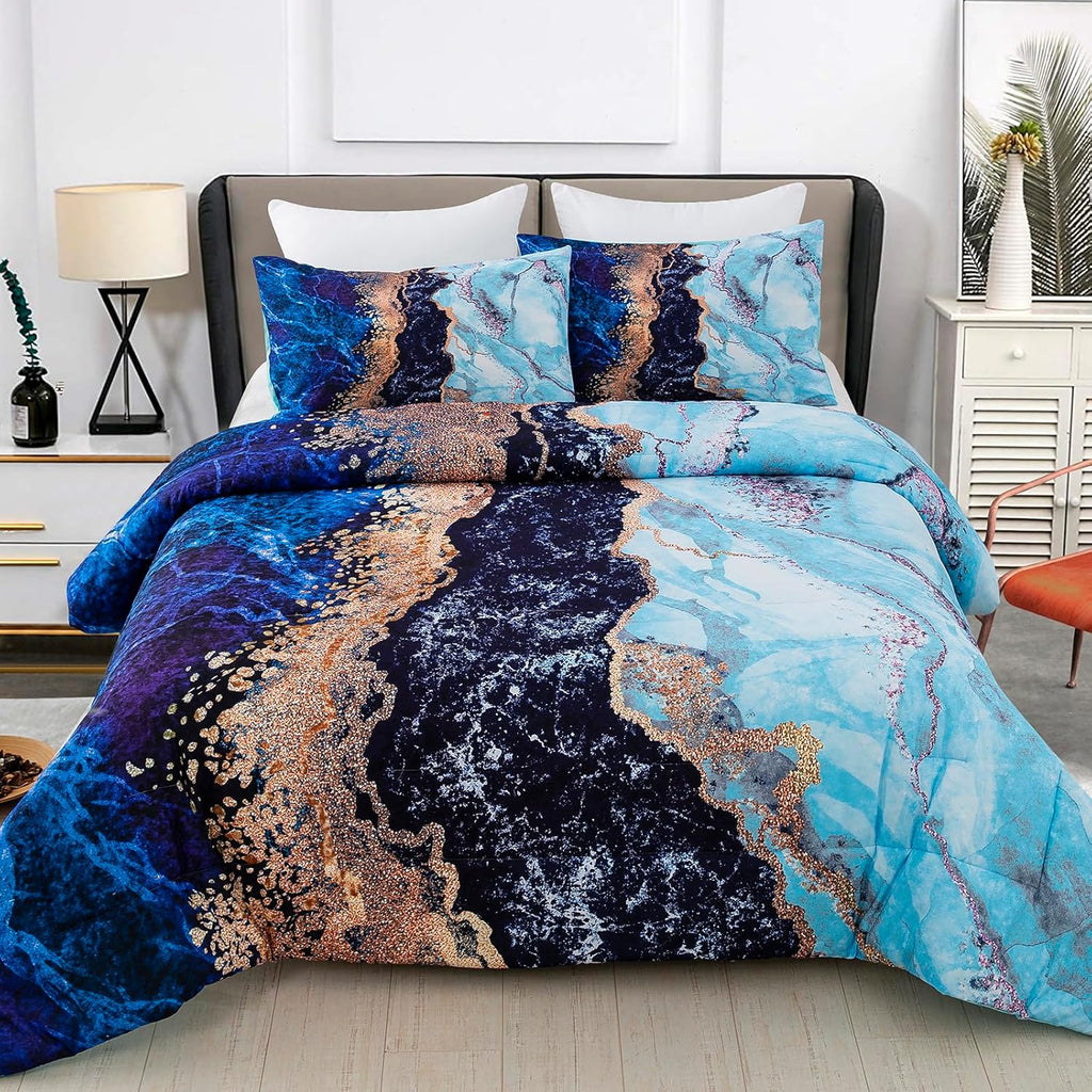 Blue Marble Comforter Set, Retro Watercolor 3-Piece Bedding Collection