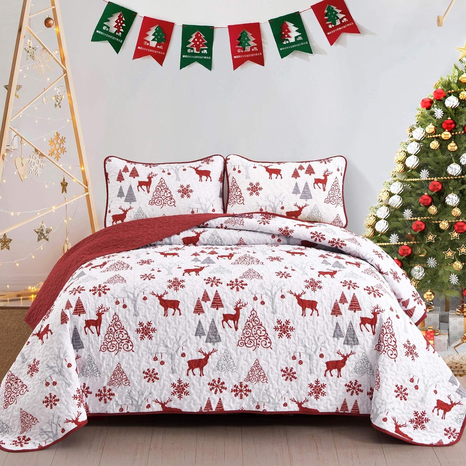 Snowflake Pattern nordic Christmas Bedspread Set