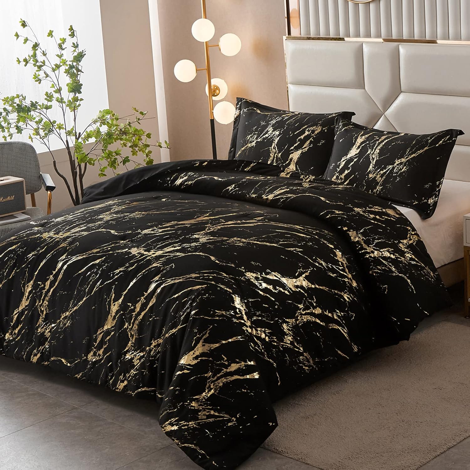 Black Gold Metallic Marble Comforter Set, Foil Print Glitter 3-Piece Bedding