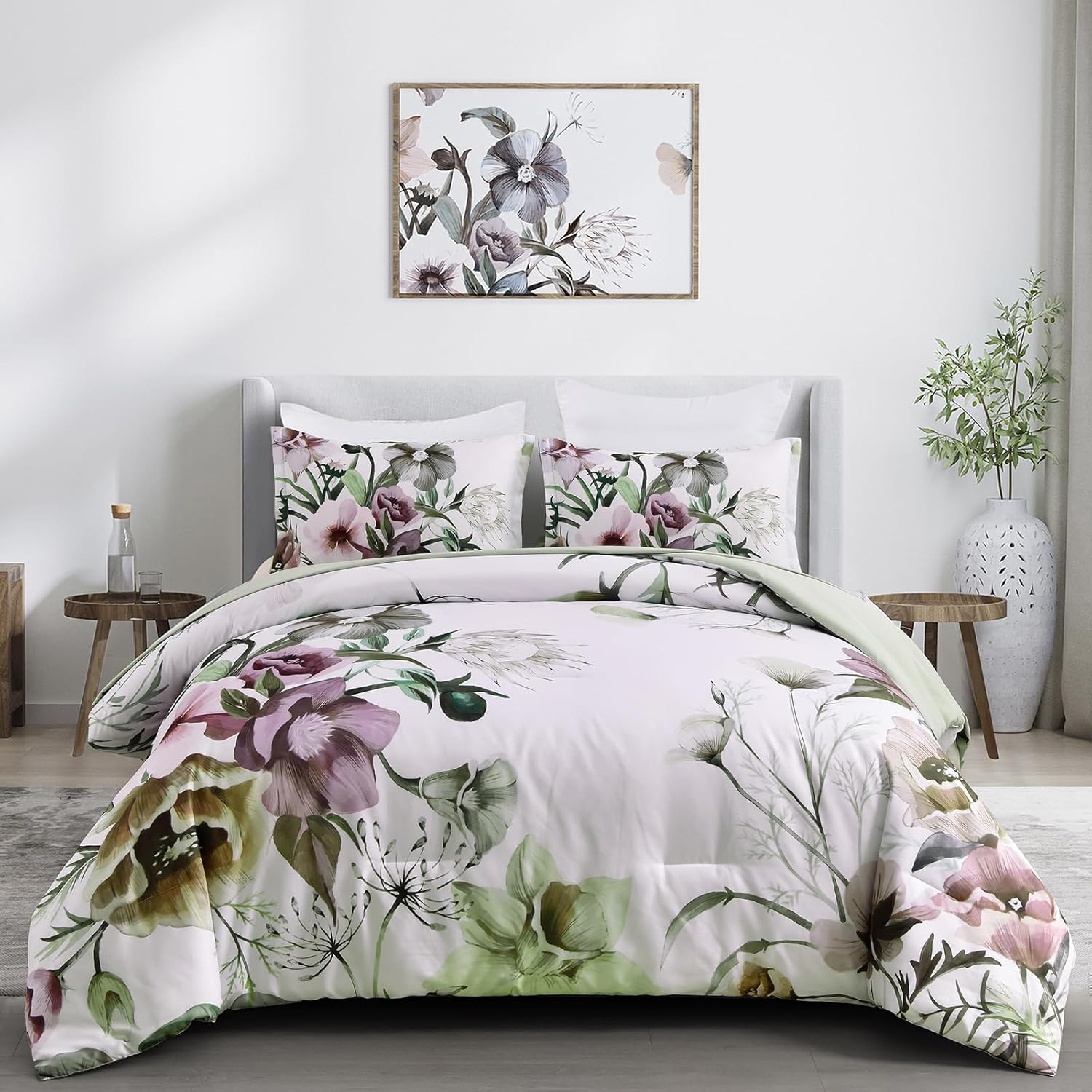 Floral Comforter Set, Green Floral 3-Piece Bedding, Soft Microfiber for All Seasons