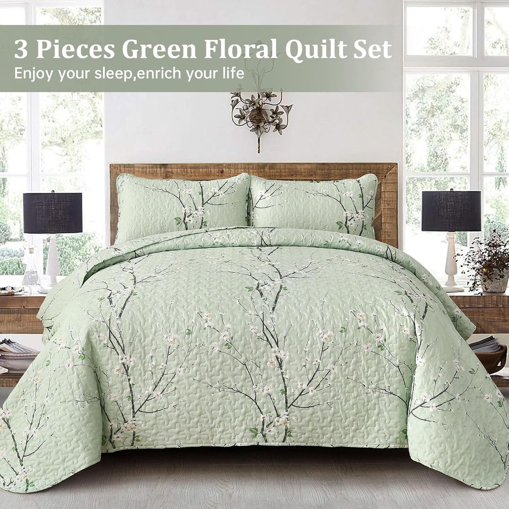 Chic green Floral Quilted 3 Pc Bedspread & Pillow Cover Set