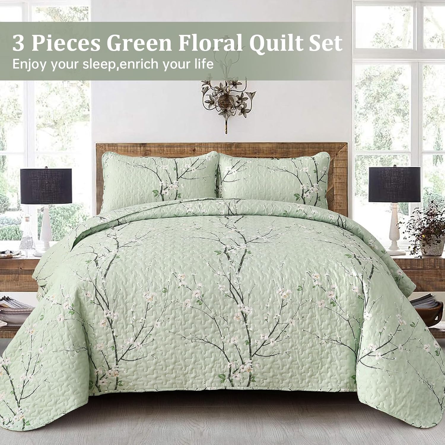 Chic green Floral Quilted 3 Pc Bedspread & Pillow Cover Set