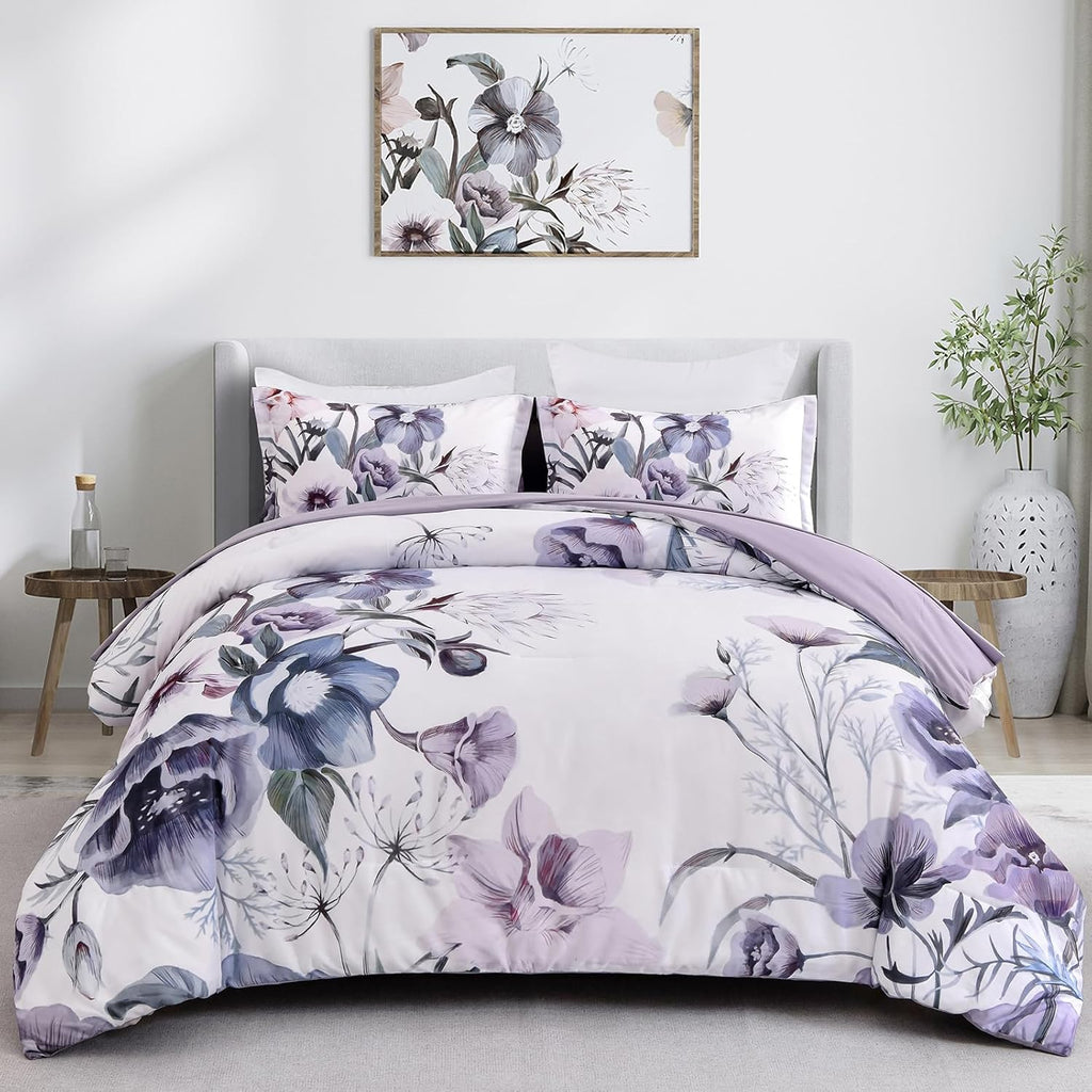 Floral Comforter Set, Purple Floral 3-Piece Bedding, Soft Microfiber for All Seasons