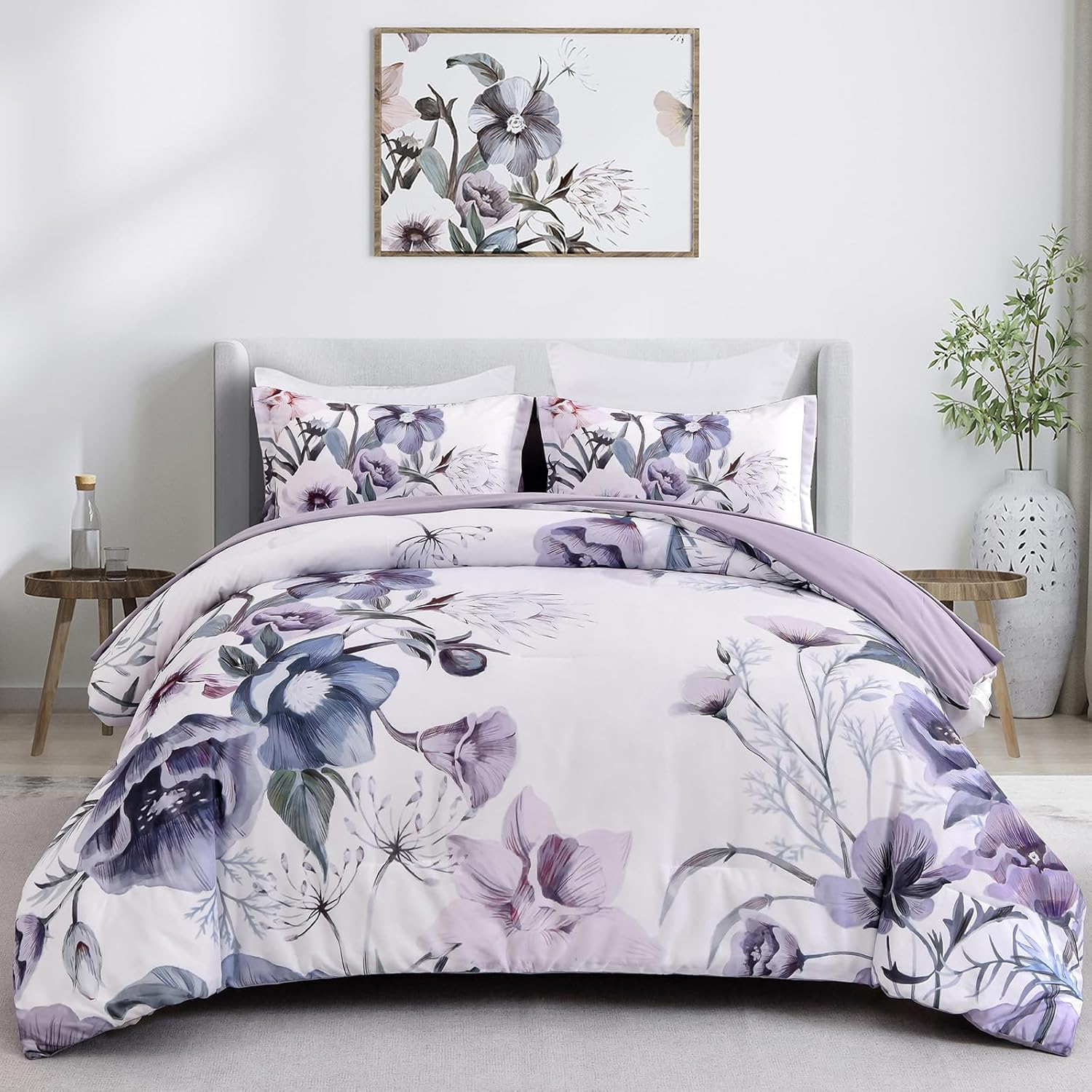 Floral Comforter Set, Purple Floral 3-Piece Bedding, Soft Microfiber for All Seasons