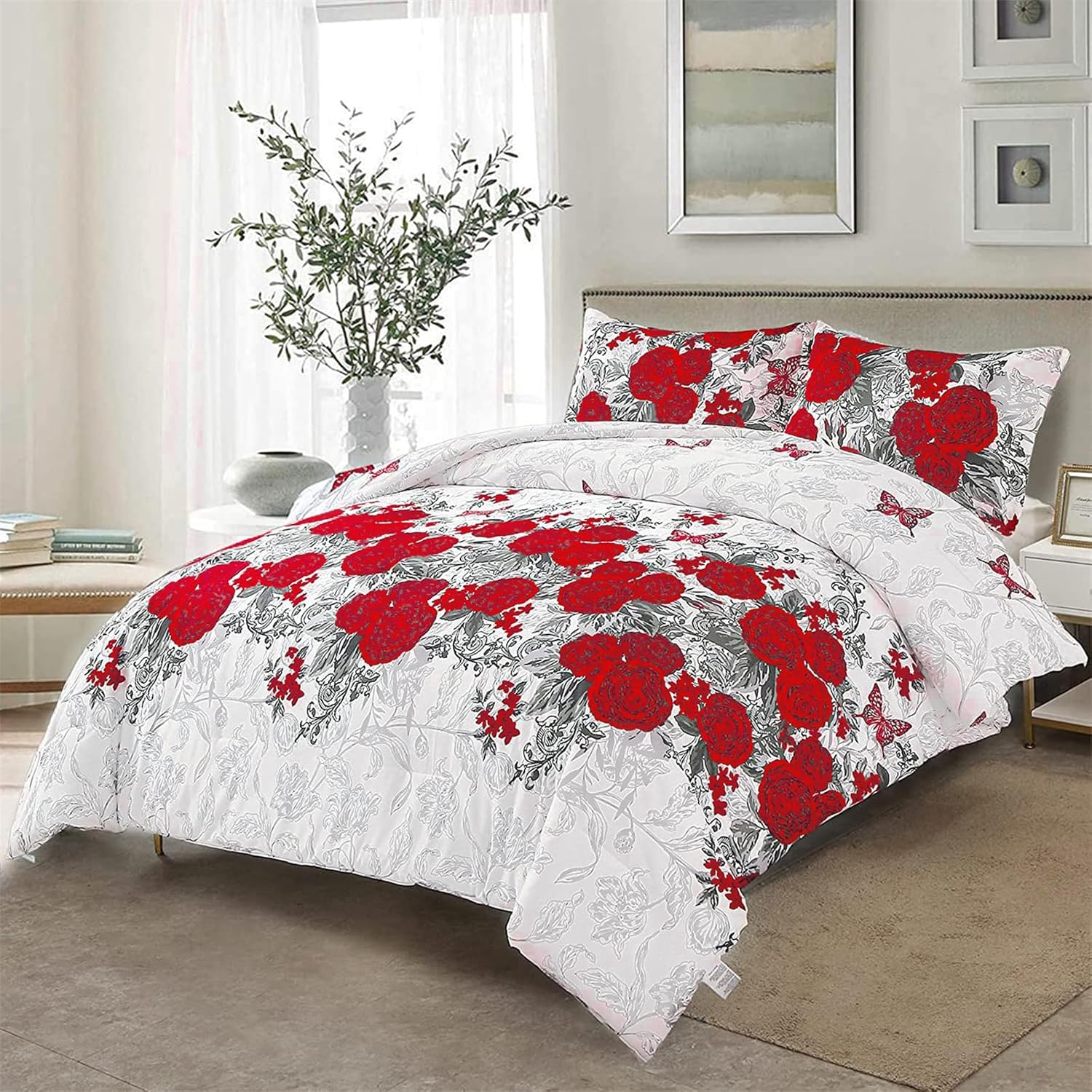 Luxurious rose Soft white 3 Pc Comforter & Pillow Cover Set