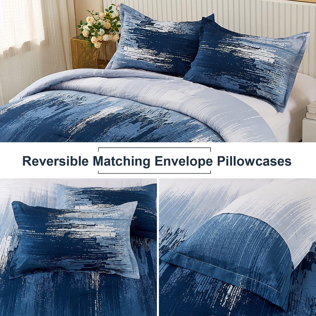 Ombre Blue Comforter Set, Gradient Blue Grey 3-Piece Boho Bedding