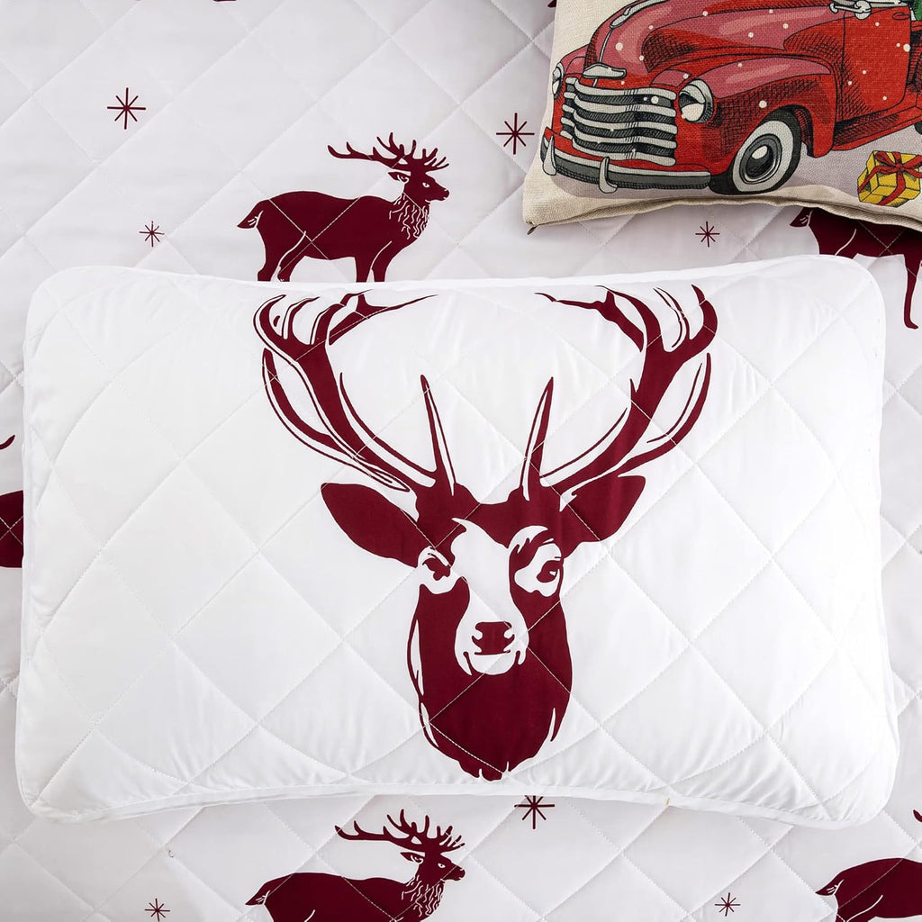 Joyful Red & white Reindeer pattern reversible Christmas Bedspread Set