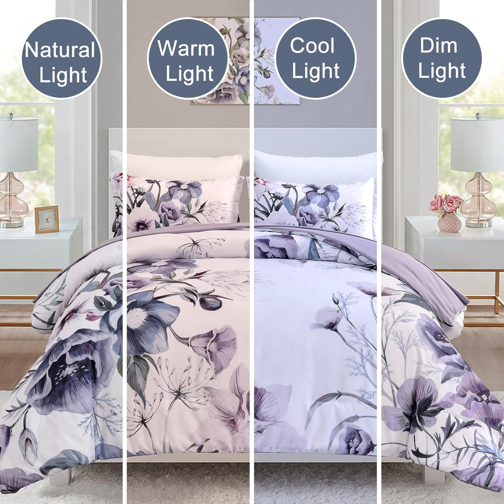 Floral Comforter Set, Purple Floral 3-Piece Bedding, Soft Microfiber for All Seasons
