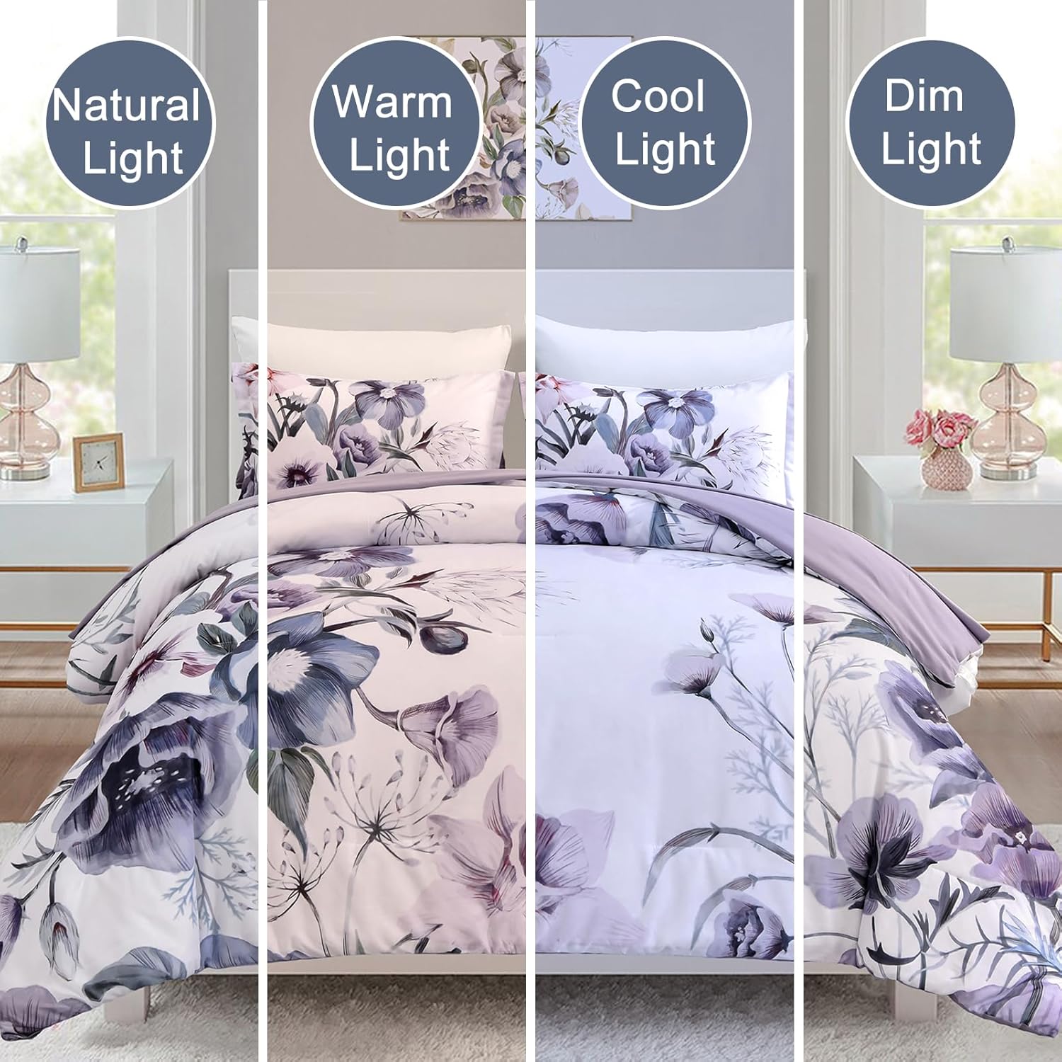 Floral Comforter Set, Purple Floral 3-Piece Bedding, Soft Microfiber for All Seasons