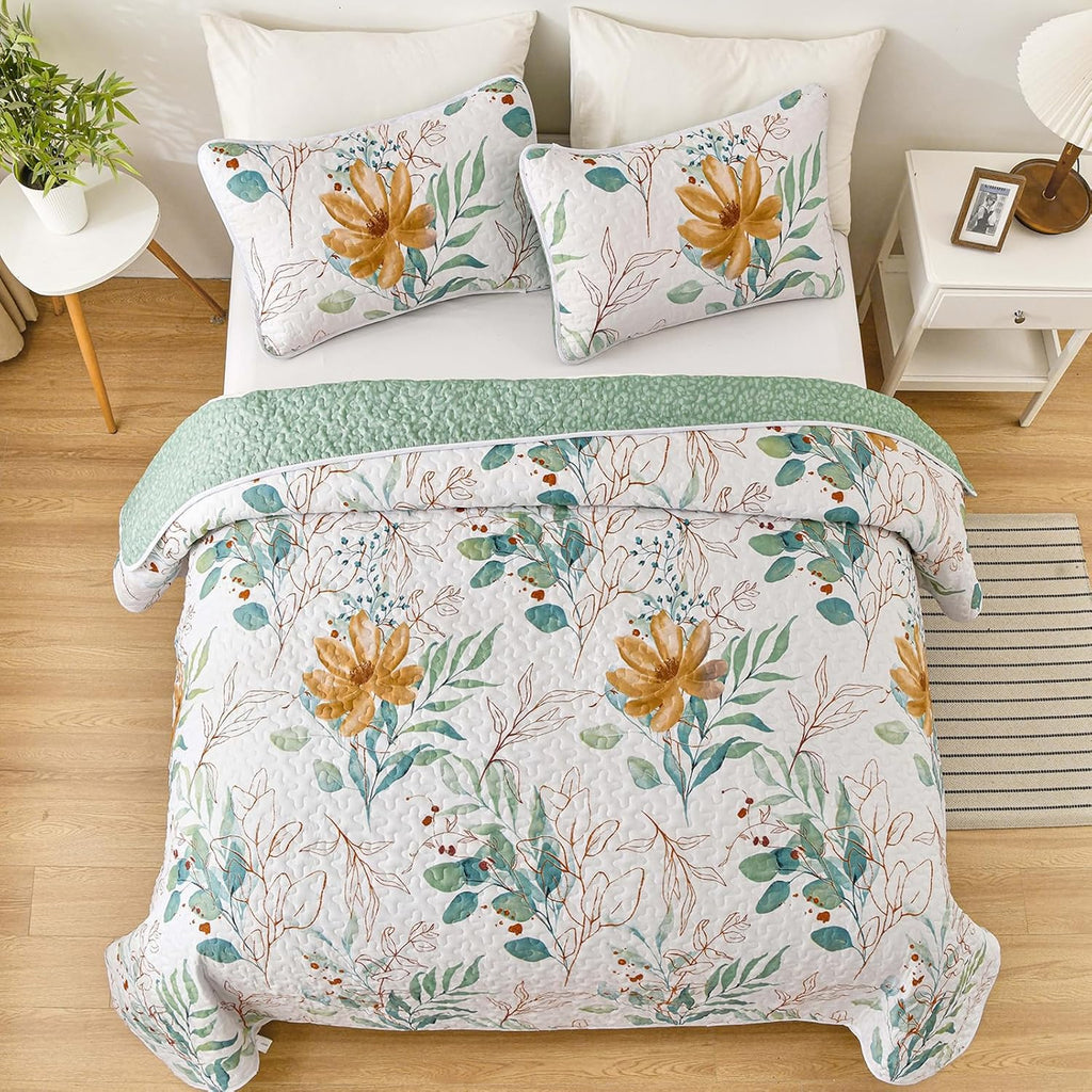 Serene green Blossom Cozy 3 Pc Bedspread & Pillow Cover Set