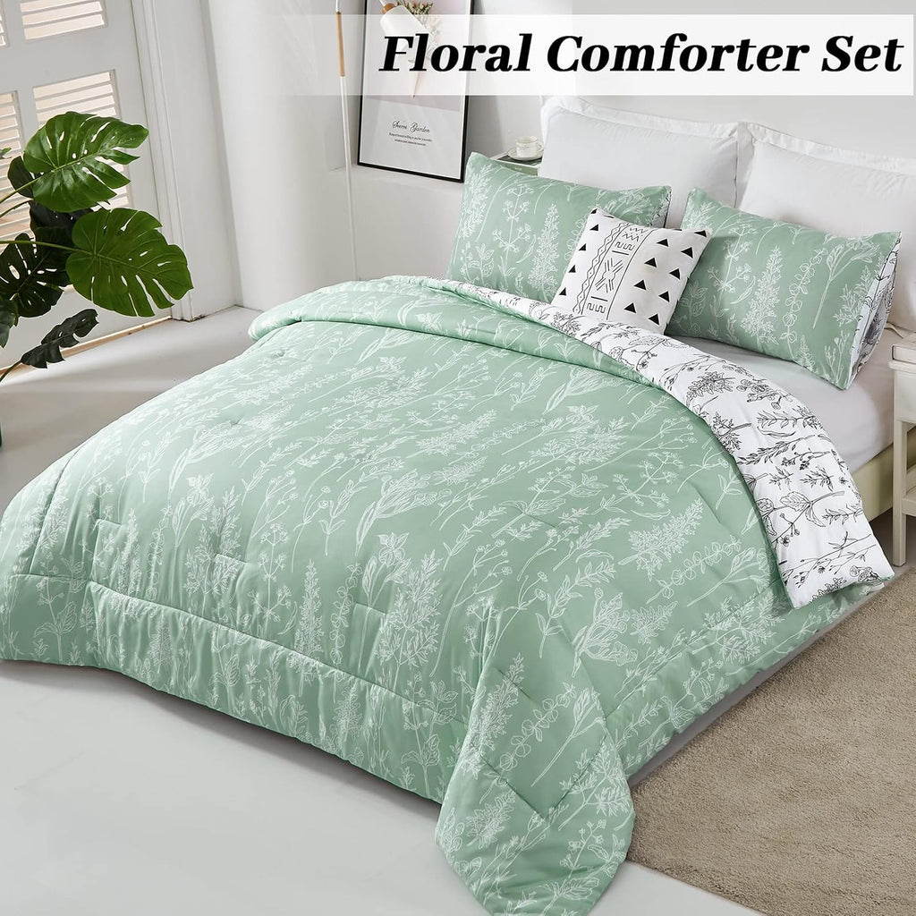 Floral Comforter Set, Green White Floral Pattern Reversible Bedding