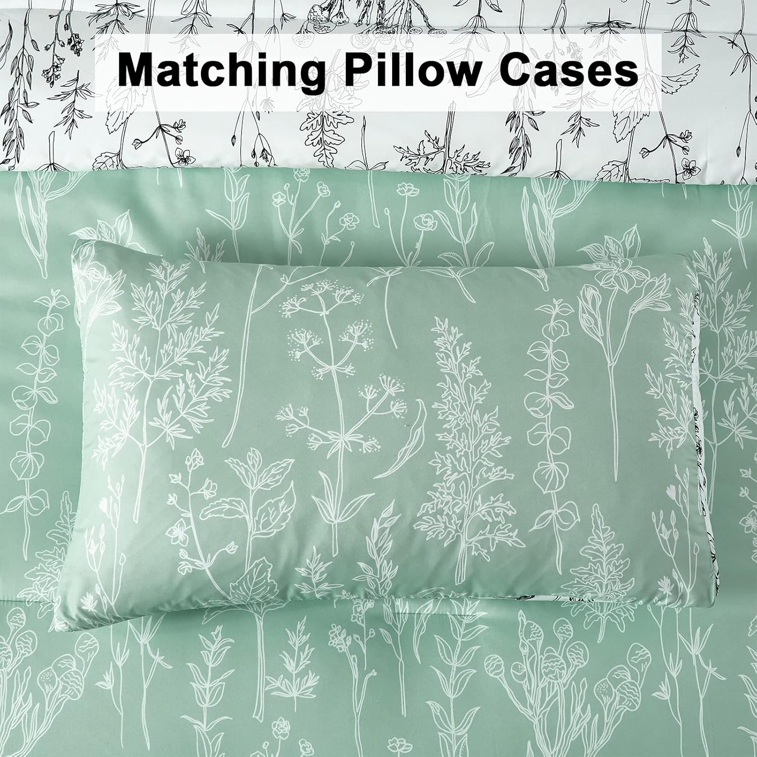 Floral Comforter Set, Green White Floral Pattern Reversible Bedding