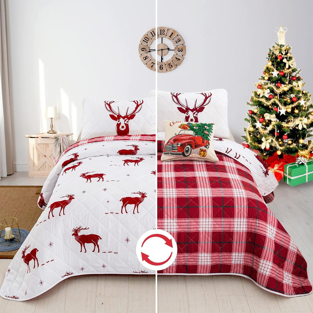 Joyful Red & white Reindeer pattern reversible Christmas Bedspread Set