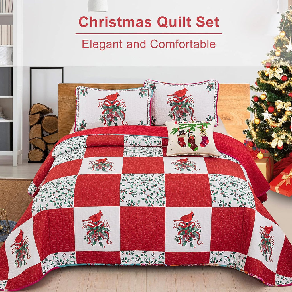 Elegant Red, greem & White Christmas Bedspread Set