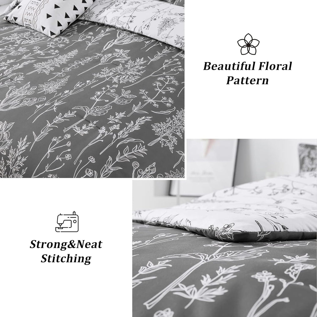 Floral Comforter Set, Black White Floral Pattern Reversible Bedding