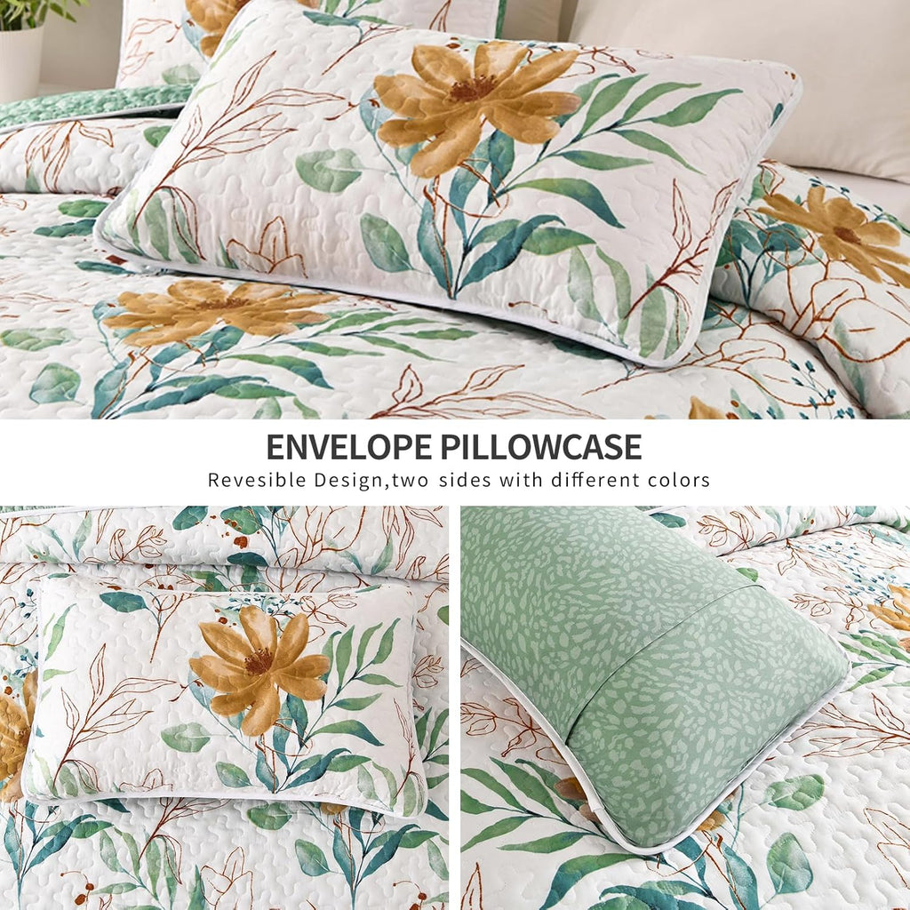 Serene green Blossom Cozy 3 Pc Bedspread & Pillow Cover Set