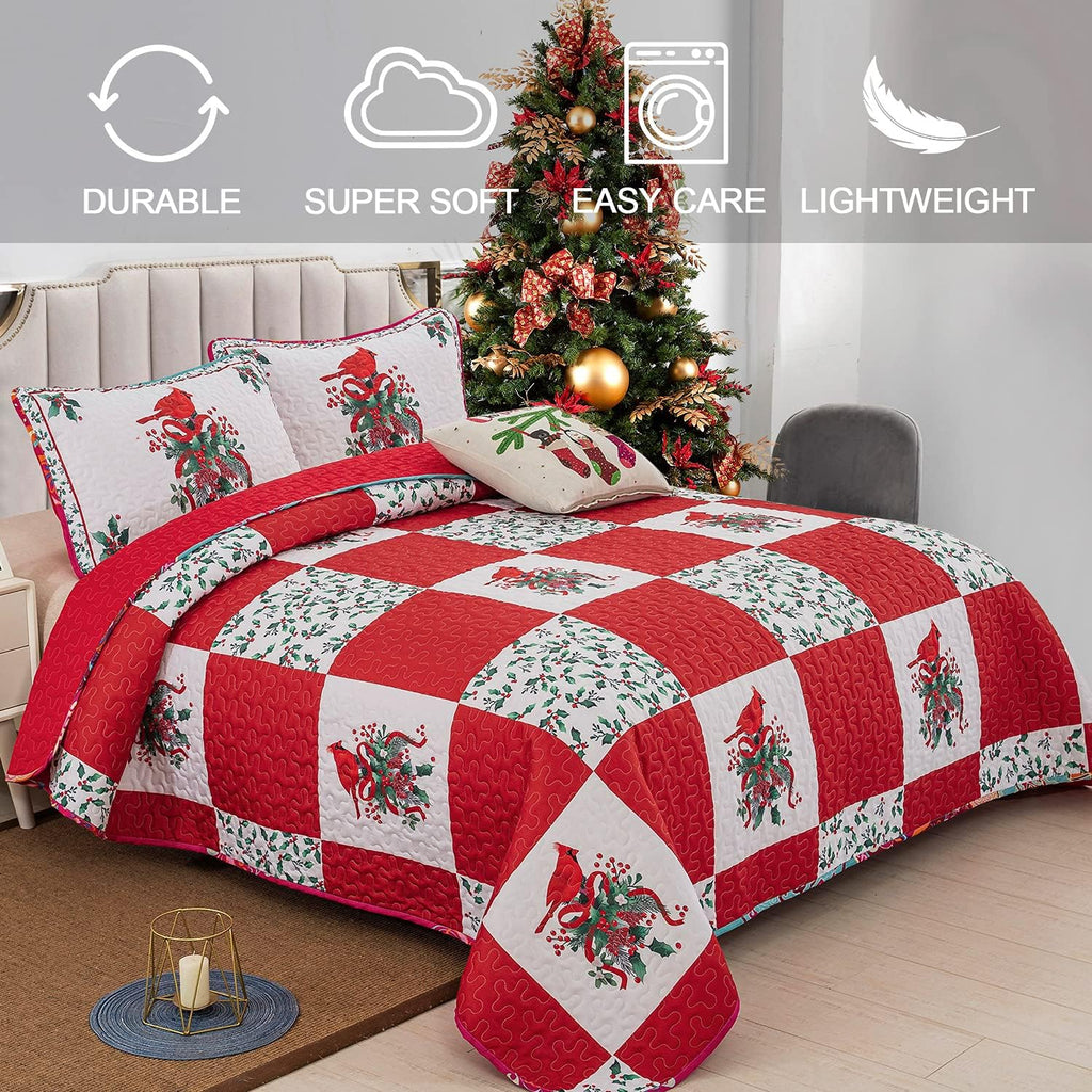 Elegant Red, greem & White Christmas Bedspread Set