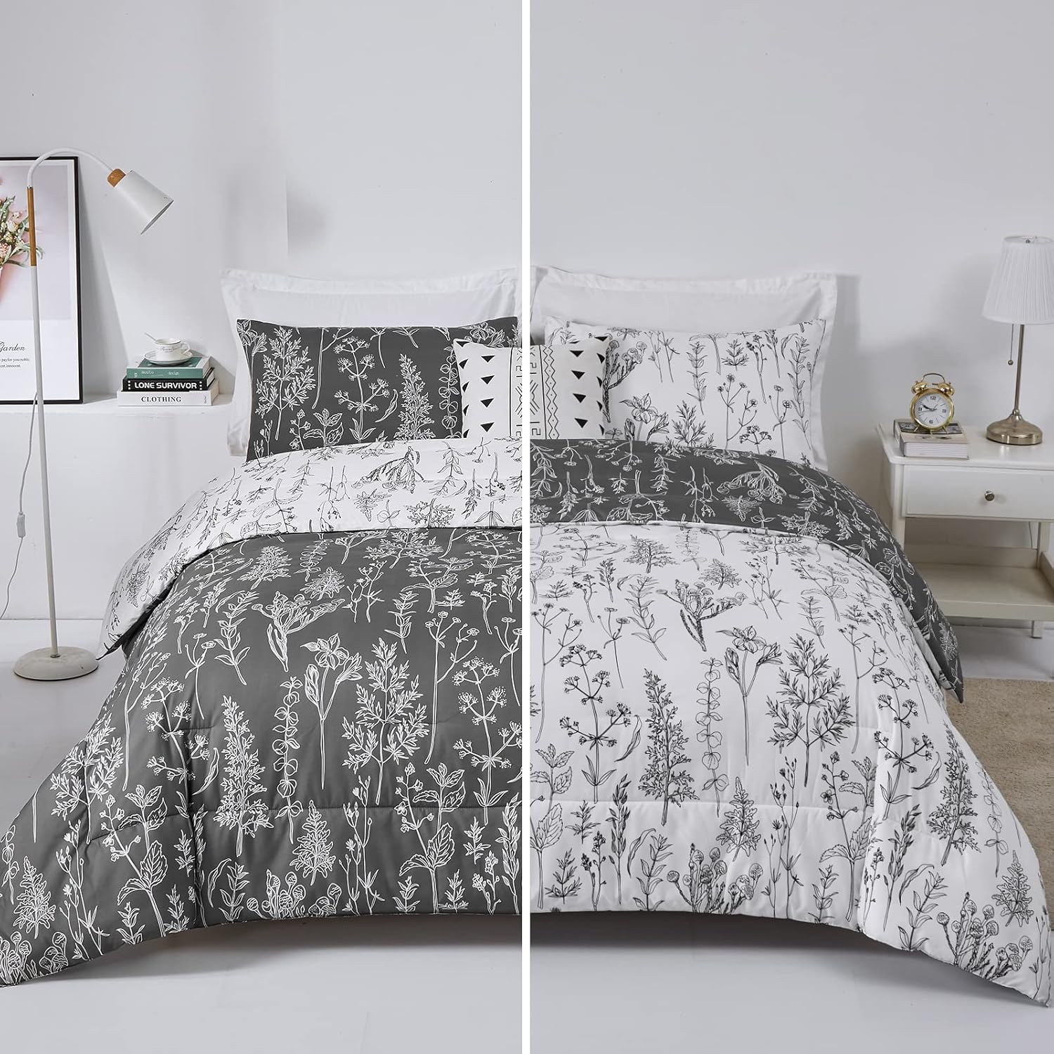 Floral Comforter Set, Black White Floral Pattern Reversible Bedding