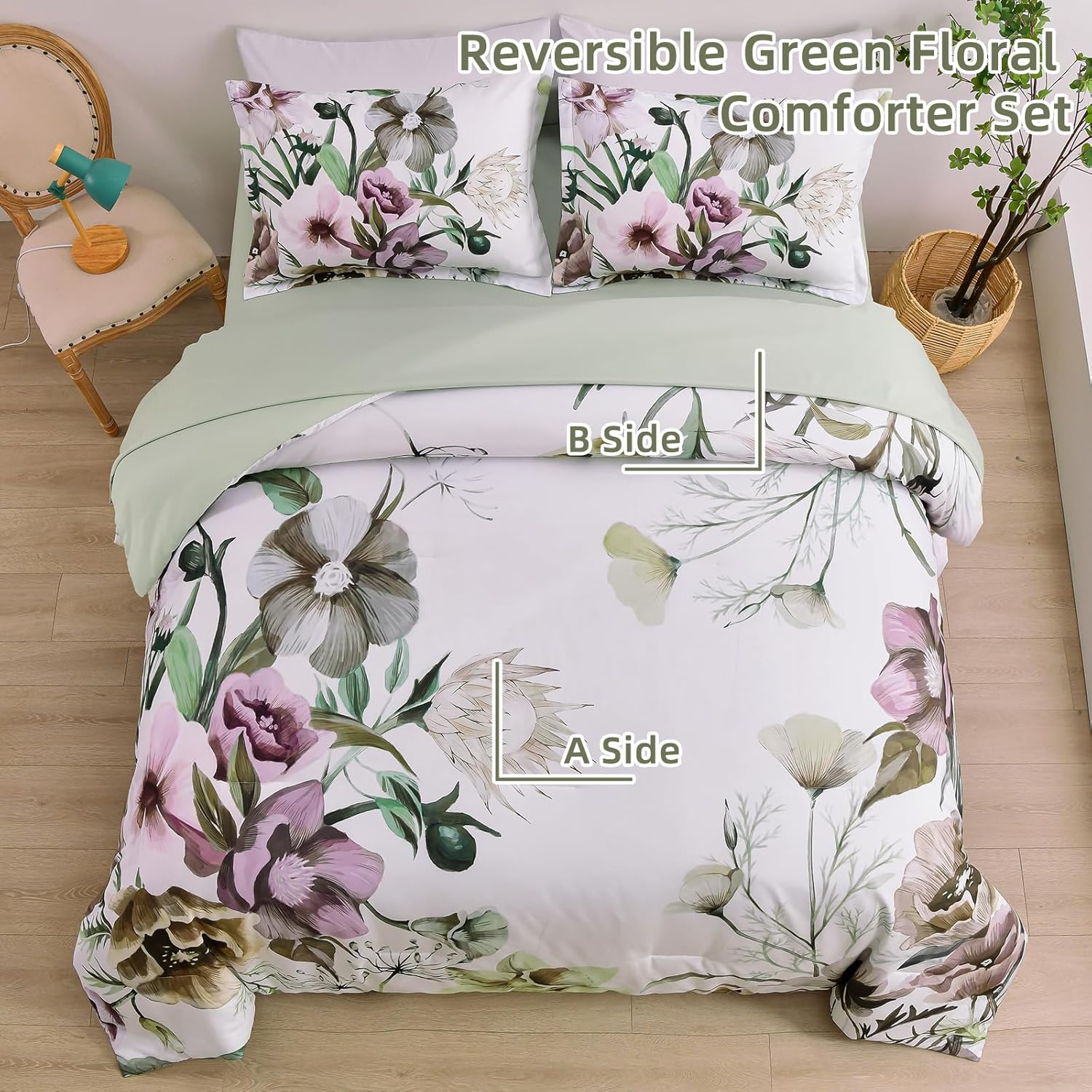 Floral Comforter Set, Green Floral 3-Piece Bedding, Soft Microfiber for All Seasons
