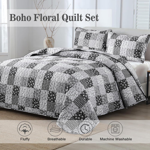 Autumn patchwork B/W Pattern 3 Pc Bedspread & Pillow Cover Set